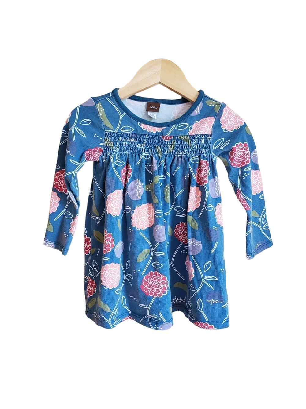 Tea Collection Baby Girl's Dress Floral Teal Long Sleeve Size 12-18